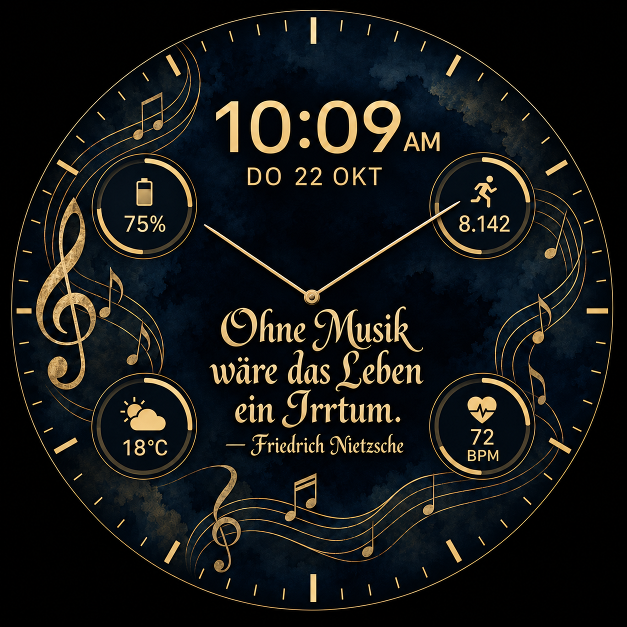 Nietzsche-Musik-Zifferblatt mit goldenen Noten, analogen Zeigern und digitaler Uhrzeit auf mitternachtsblauem Grund